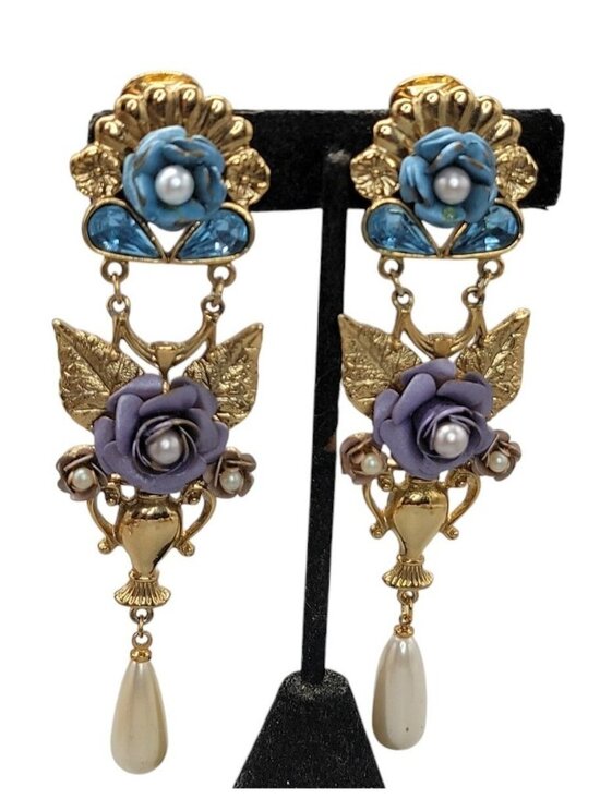 1928 Jewelry - 1928 Floral Dangling Statement Earrings Gold Plated Faux Pearl Rhinestones VTG